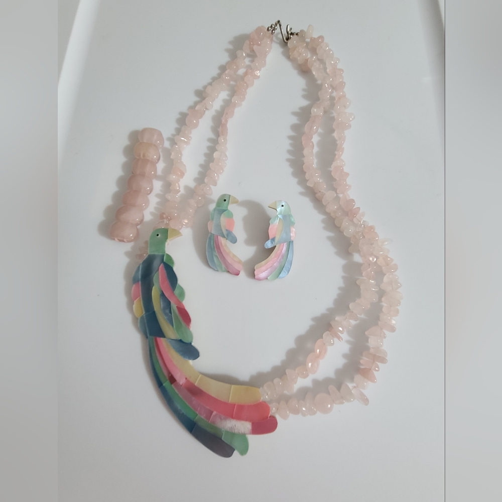 Vintage MOP Parrot bird rose quartz necklace earrings bracelet Lee sands estate